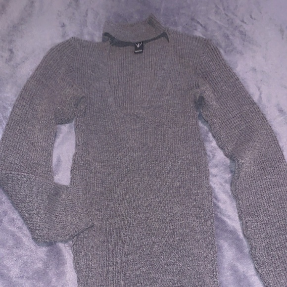 Woven Grey V- low cut turtleneck fitted sweater dress - Picture 1 of 1